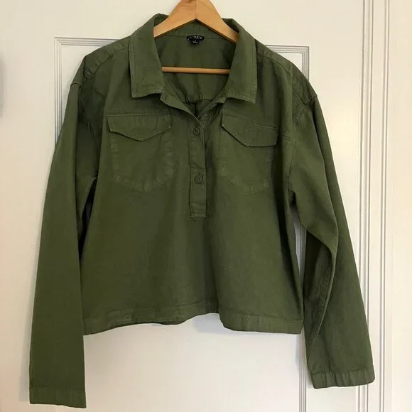 J Crew Popover Shirt in Cotton-Linen Blend Army Green | Size Large - Picture 3 of 8